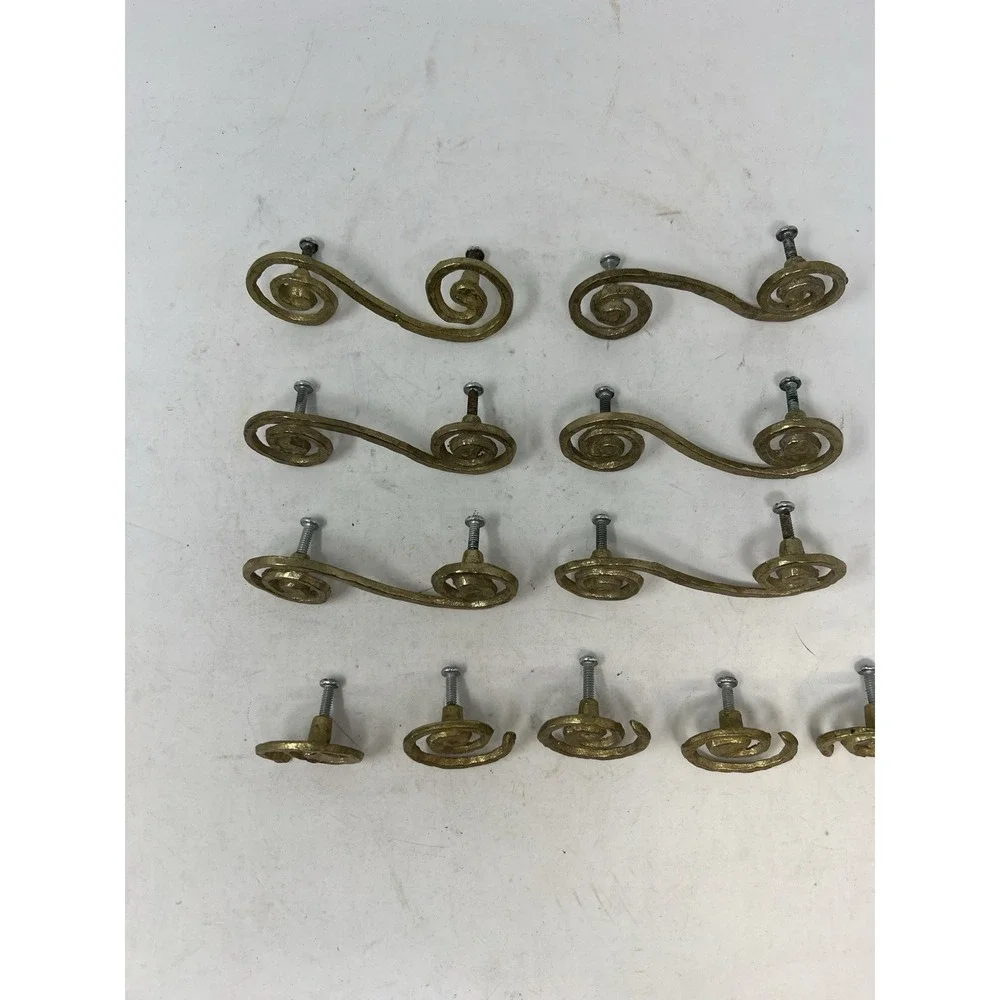 Brass Spiral Scroll Cabinet Knobs Pulls Handles Hardware Brutalist Set of 11